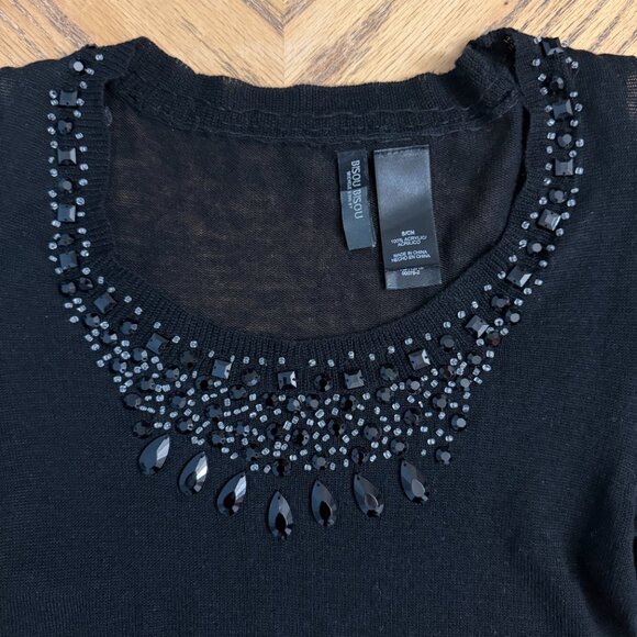 Bisou Bisou Black Beaded Cold Shoulder Knit Sweater Blouse - Picture 3 of 11